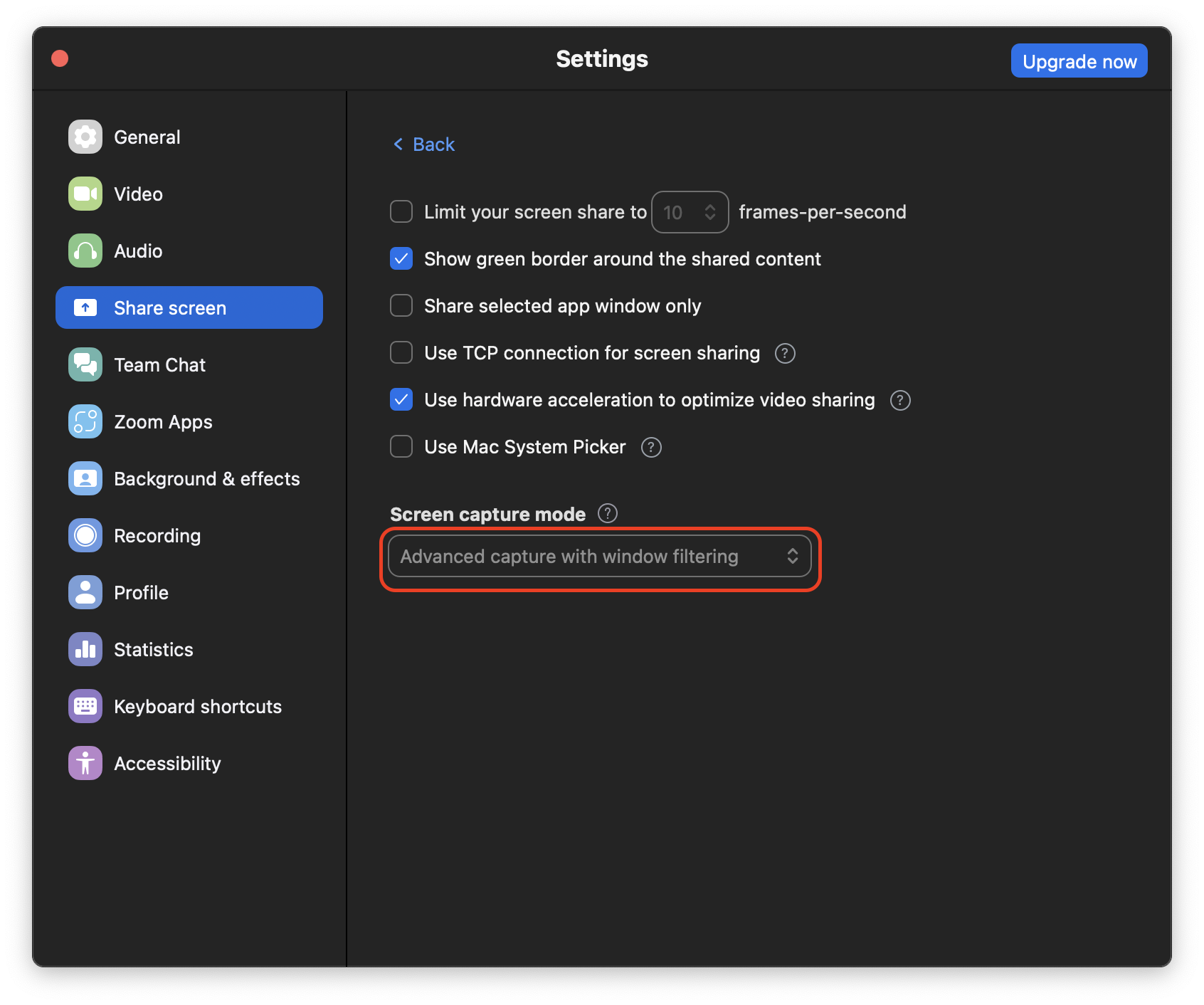 Zoom Settings showing Share screen section with Advanced capture with window filtering option highlighted